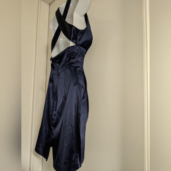 Blue satin cocktail mini dress criss cross low back with pockets - Picture 4 of 8